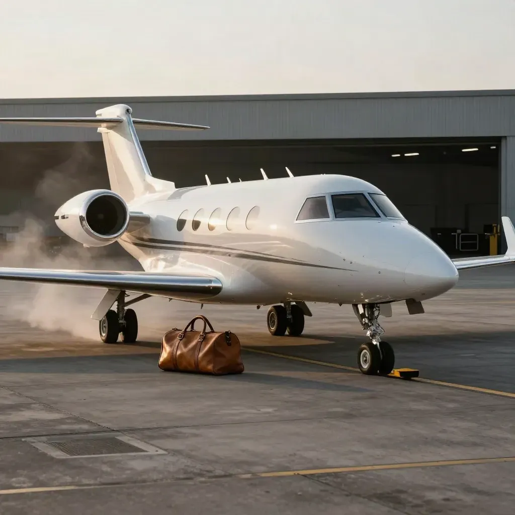 Private jet taxis past an empty stand with a duffel, wheel chock, and steam on the apron.