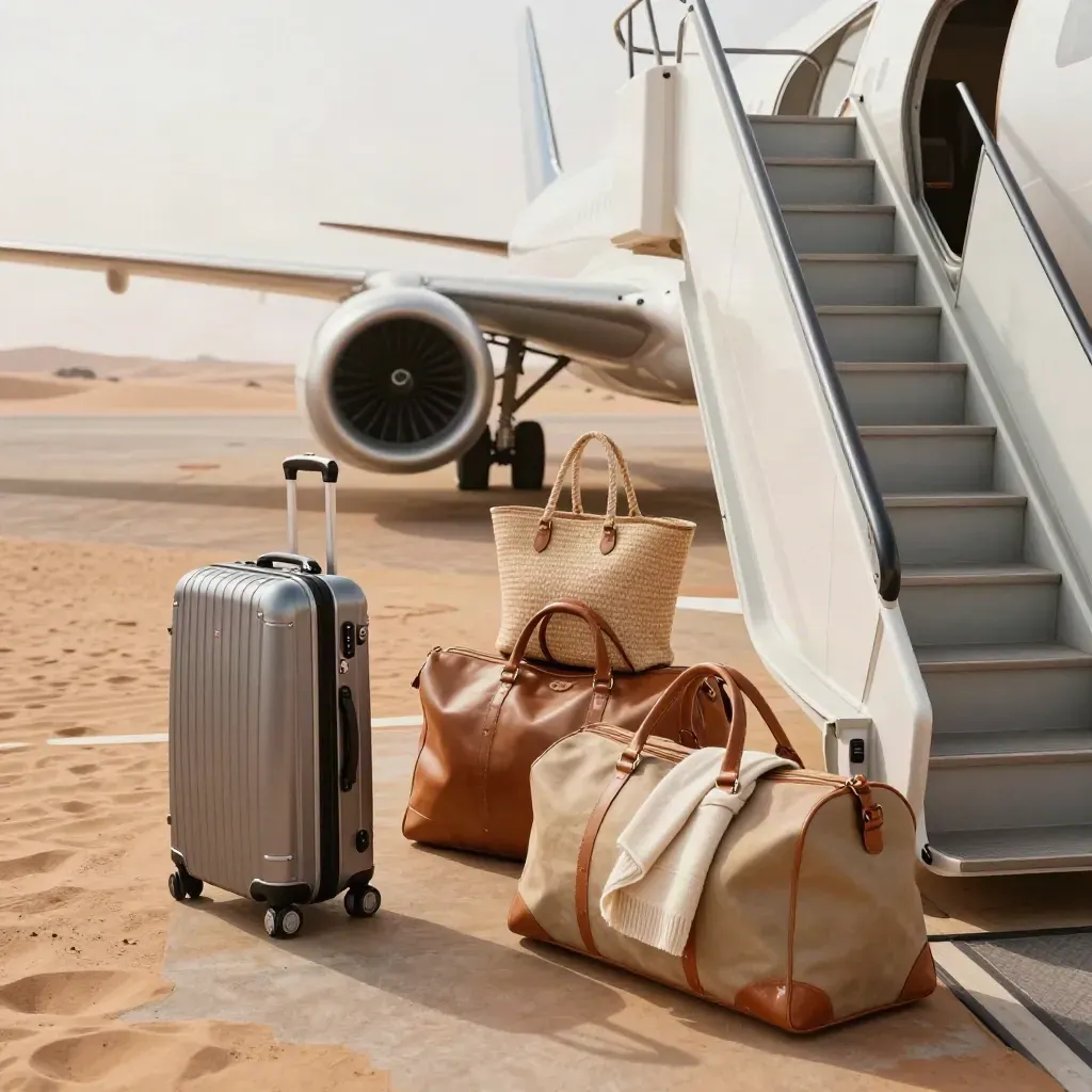 Luxury luggage staged by a private jet stair for resort, ski, and weekend routing.