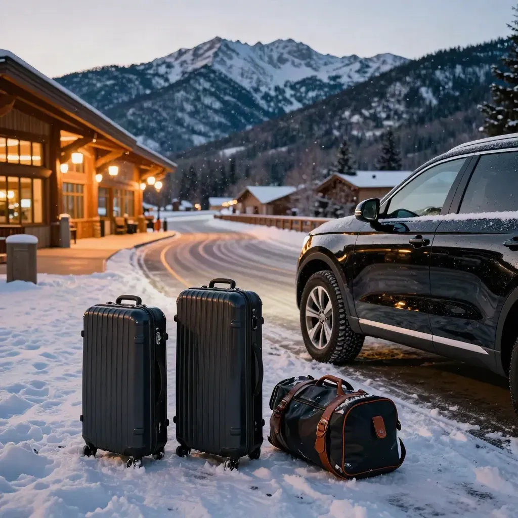 Snowy Aspen private ramp with ski cases, black SUV, and glowing terminal lights.
