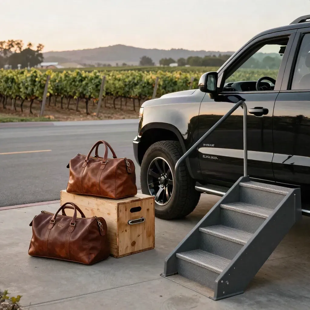 Black SUV, wine crate, leather bags, and open stair at a Napa vineyard apron at dusk.
