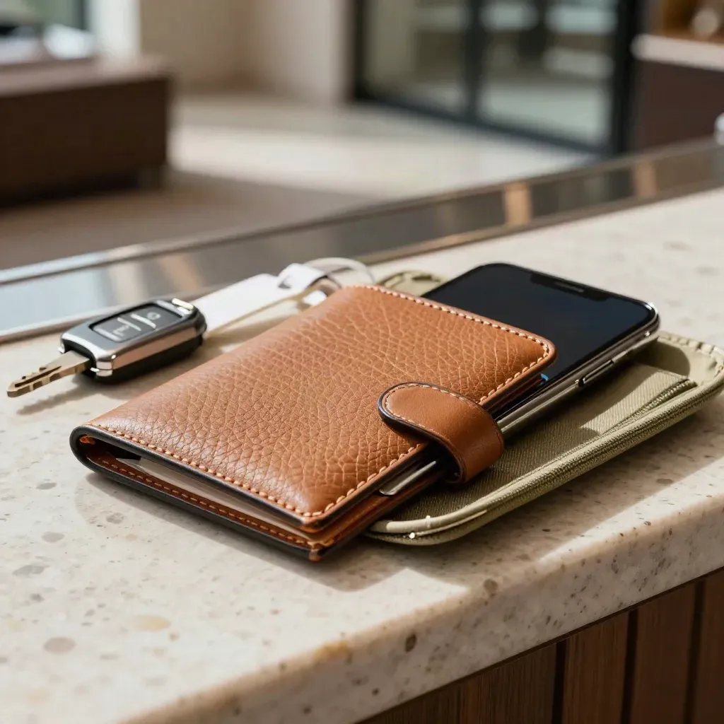 Leather travel kit with passport wallet, key sleeve, luggage tag and phone on a travertine concierge counter