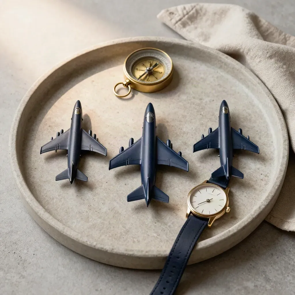 Mini jet models, brass compass, and watch on a suede stone tray with soft navy accents.