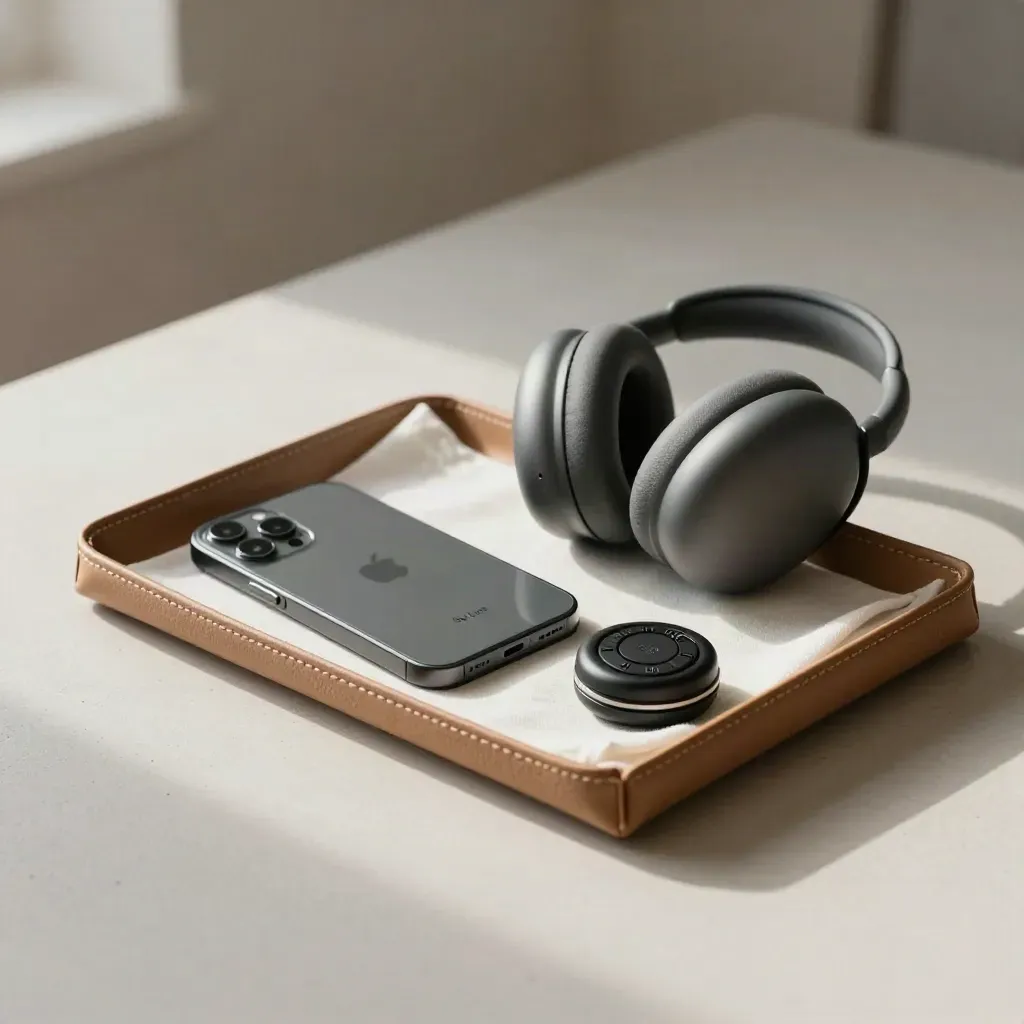 Face-down phone, noise-canceling headset and tracker puck in a leather tray on plaster.