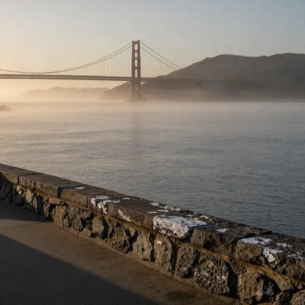 Bridge silhouette above San Francisco Bay fog at twilight, calm wide background.